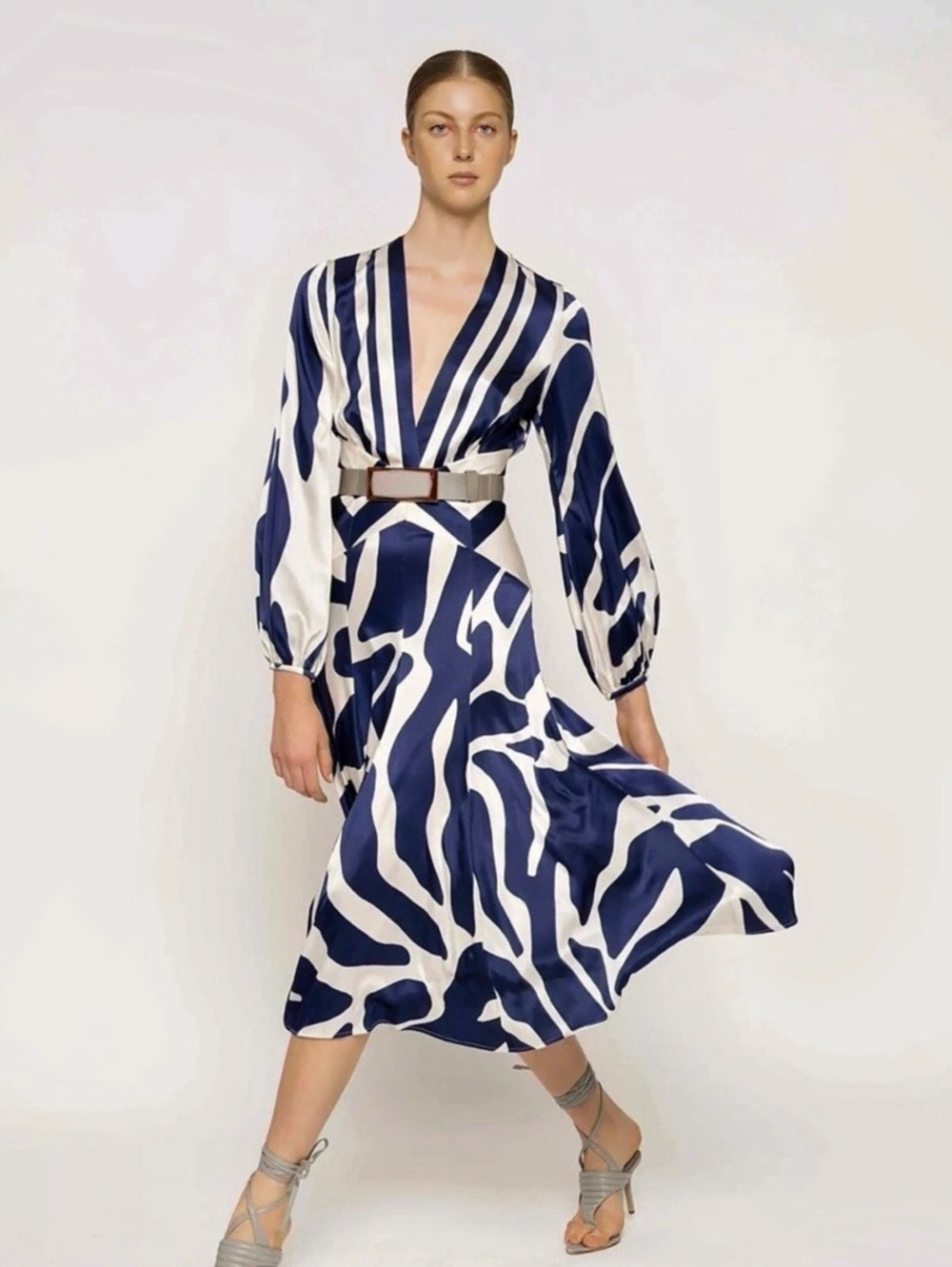 Silvia Tcherassi Kathryn Navy Cream Mosaic Abstract Print Silk Midi Dress XS NWT